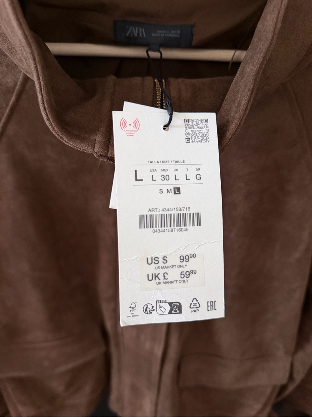 Zara 4344/158 NWT L Brown Suede Jacket - Classic Casual Coat - Picture 4 of 5